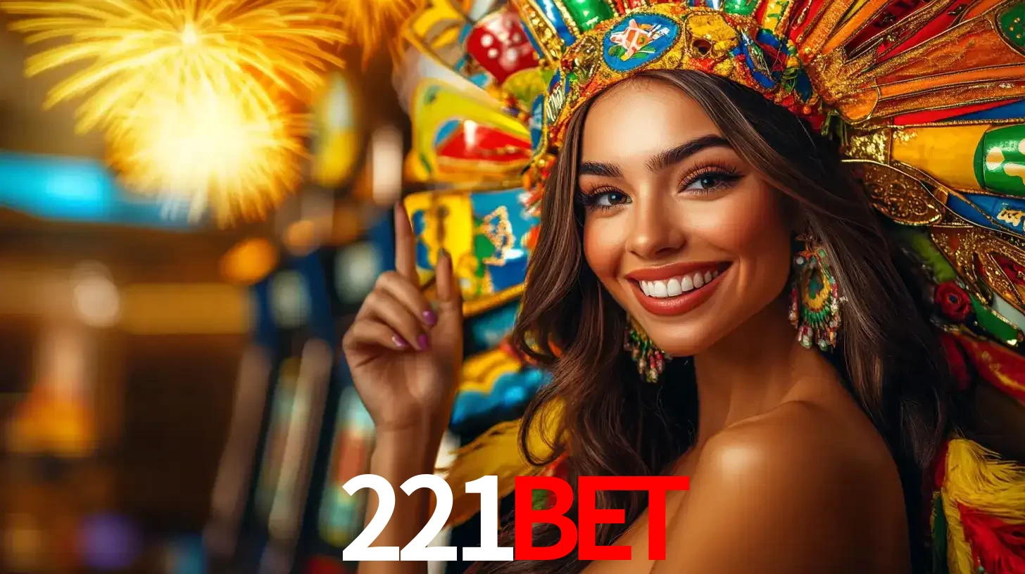 Mulher sorridente com um cocar de carnaval vibrante e colorido, celebrando uma grande vitória nos jogos do cassino 221BET com fogos de artifício ao fundo.