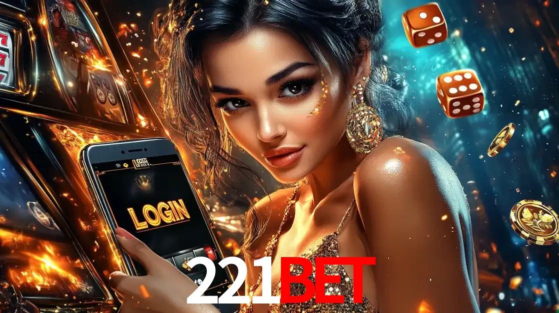 Mulher glamourosa segurando um celular com a tela de login do cassino 221BET, rodeada por dados e moedas douradas, pronta para começar a diversão.
