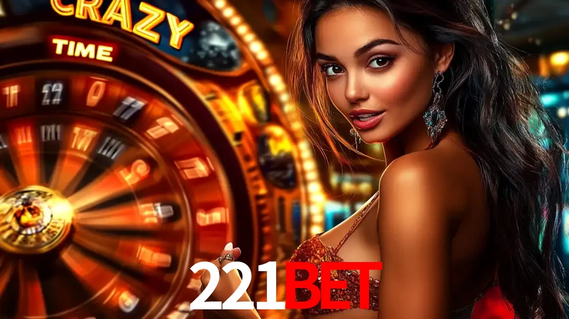 Mulher ao lado da roda de prêmios do jogo de cassino ao vivo Crazy Time, um dos shows de jogos mais emocionantes oferecidos pela plataforma de apostas 221BET.