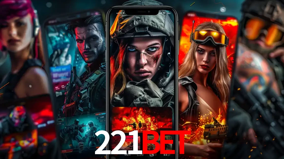 Montagem de telas de celular mostrando diversos personagens, masculinos e femininos, de um jogo de tiro, ilustrando a diversidade de equipes de e-sports para apostar no 221BET.