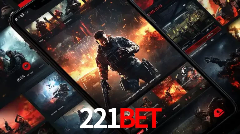 Tela de um celular exibindo uma galeria de jogos de tiro com temática militar, mostrando a variedade de e-sports disponíveis para apostas na plataforma de entretenimento 221BET.