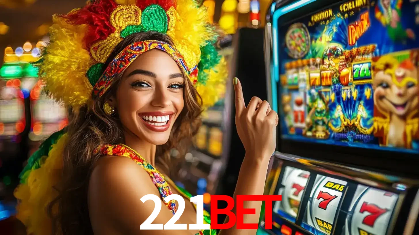 Mulher animada com um cocar de carnaval apontando para uma máquina de caça-níqueis, mostrando a emoção de ganhar um grande prêmio nos jogos do 221BET.