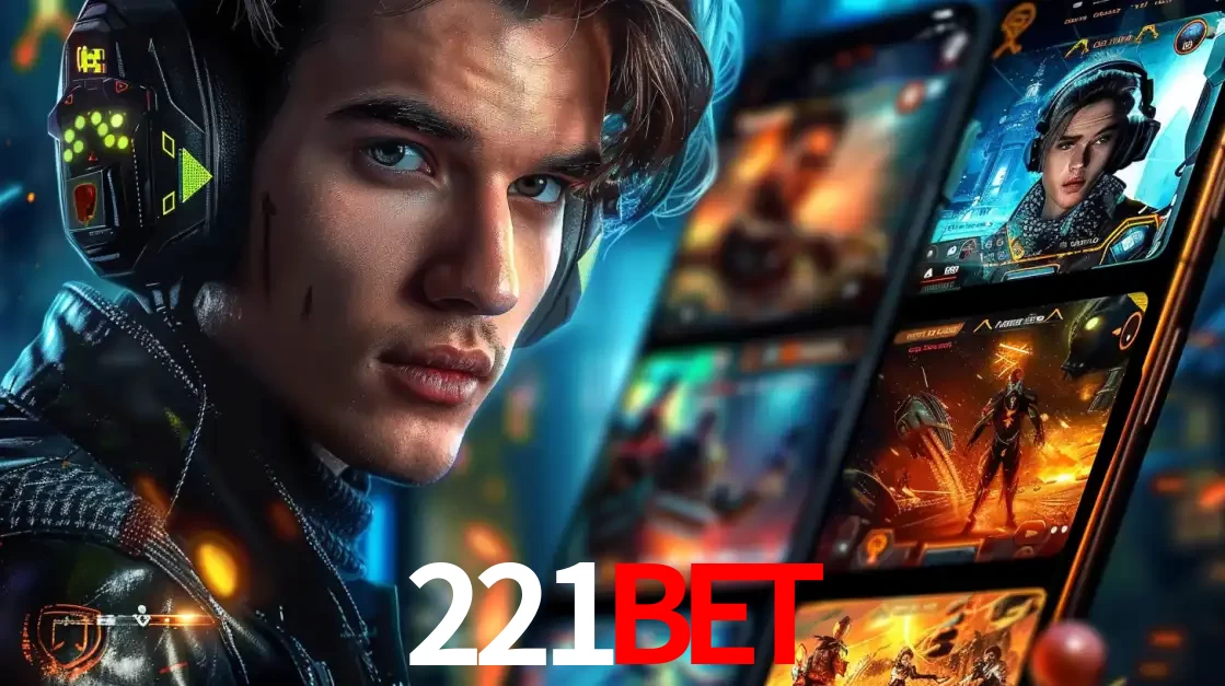 Jovem jogador com fones de ouvido olhando para a câmera, com um aplicativo de jogos e e-sports para celular ao fundo, pronto para a competição e apostas no 221BET.