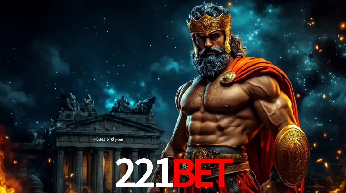 O poderoso Zeus do jogo de slot Gates of Olympus em frente ao seu templo, pronto para lançar multiplicadores divinos e prêmios épicos no cassino online 221BET.