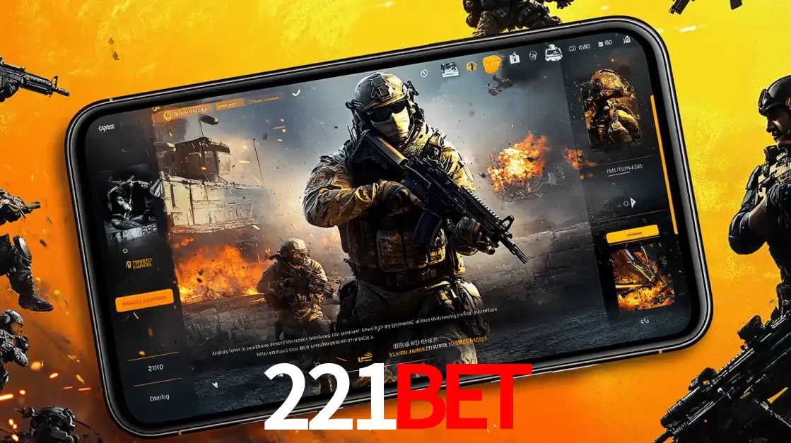 Um smartphone exibindo a interface de um jogo de tiro em primeira pessoa, com um soldado em um cenário de batalha, representando a ação dos e-sports para apostar no 221BET.