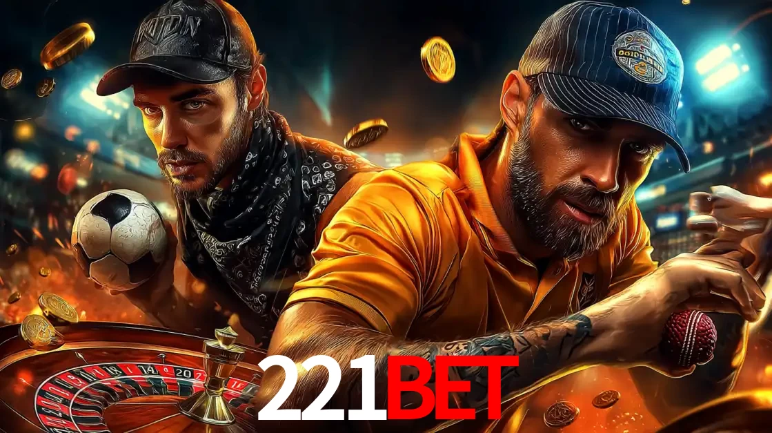 Montagem de apostas esportivas e cassino no 221BET, com um homem segurando uma bola de futebol e outro uma de beisebol sobre uma roleta e moedas voadoras.