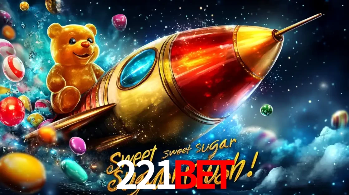 Arte promocional do jogo de slot Sugar Rush, com um urso de pelúcia em um foguete viajando pelo espaço de doces, um dos jogos divertidos disponíveis no cassino 221BET.
