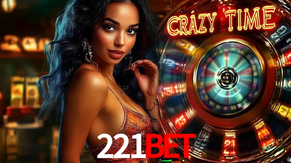 Mulher elegante ao lado da vibrante roda da fortuna do jogo de cassino ao vivo Crazy Time, um dos game shows mais populares e cheios de prêmios do 221BET.