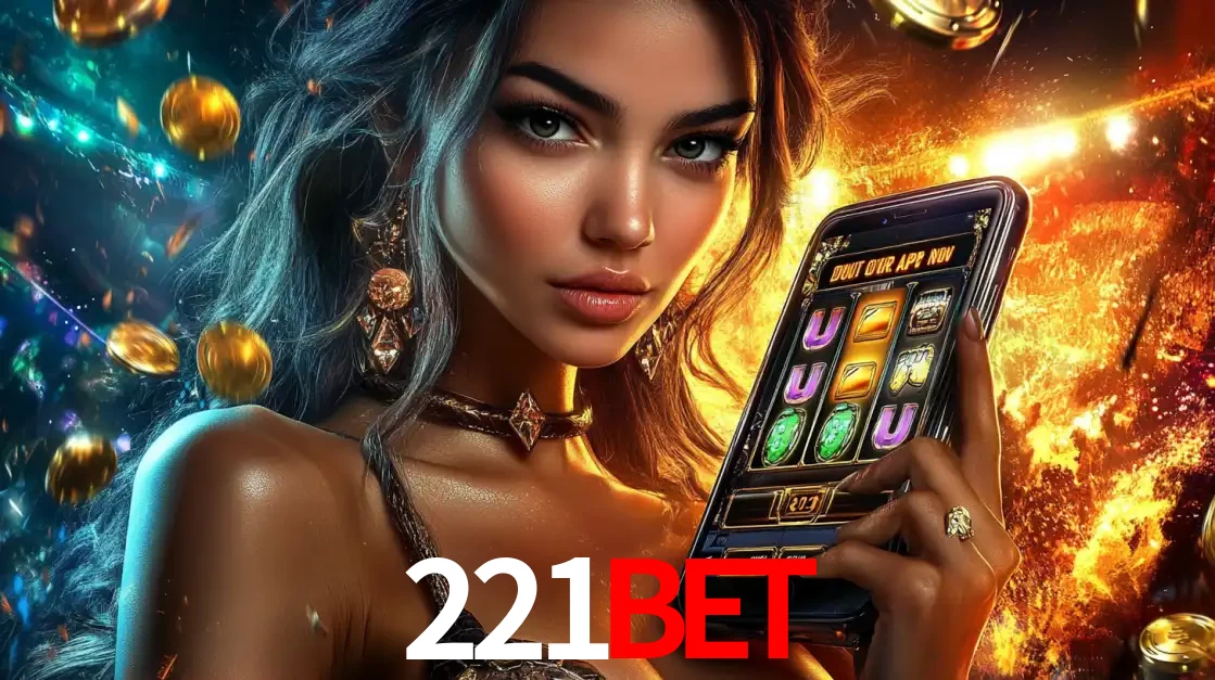 Mulher elegante mostrando um jogo de caça-níqueis em seu smartphone, destacando a experiência de cassino móvel oferecida pelo aplicativo 221BET.