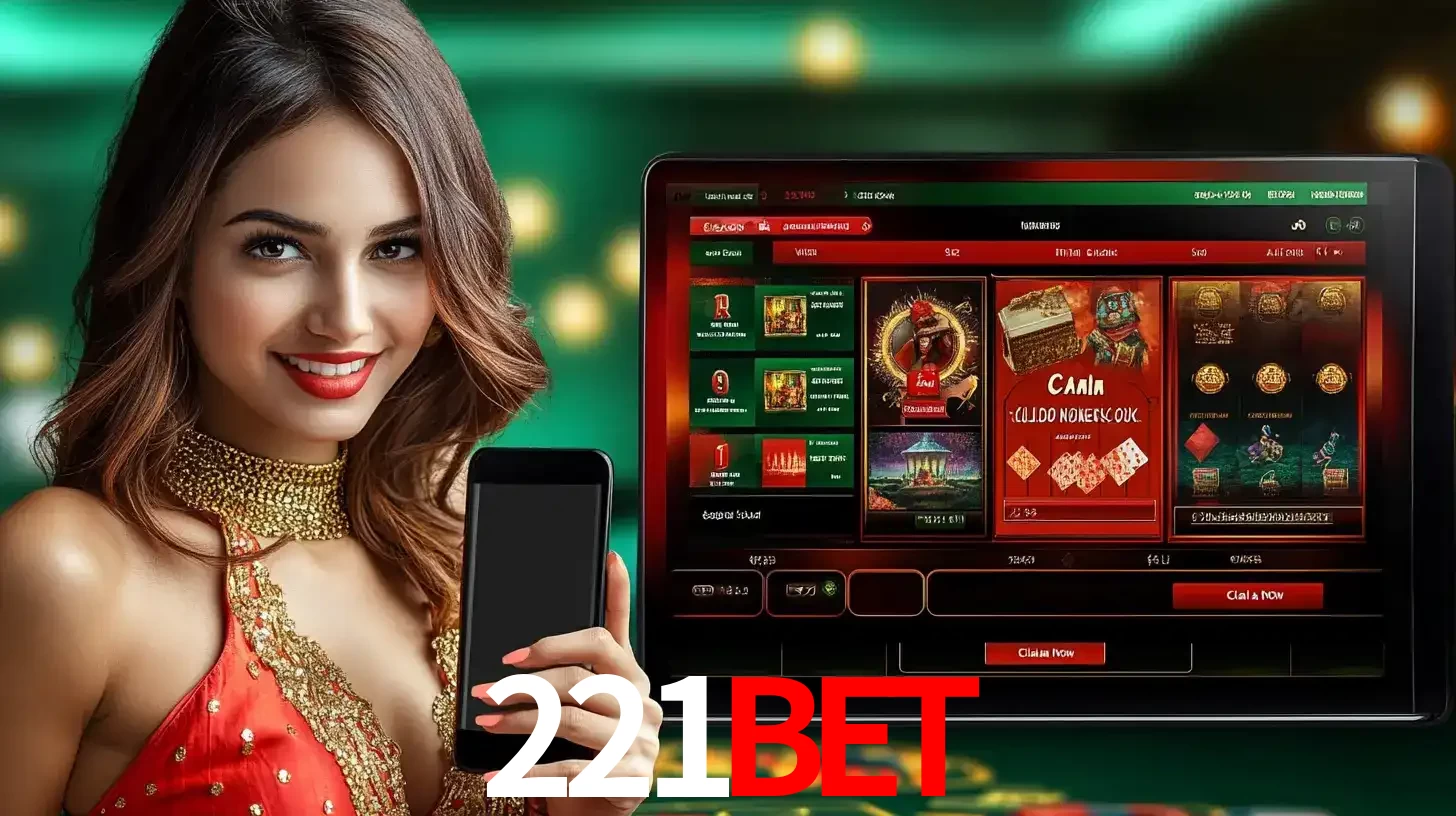 Mulher sorridente segurando um smartphone, ao lado de uma tela exibindo o lobby de jogos do cassino online 221BET, com várias opções de jogos de cartas e slots.